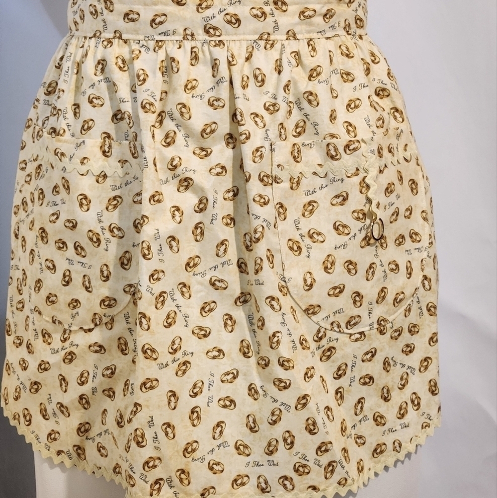Handmade Half Apron Gold Cream Wedding Theme Print Ring Vintage Style Waist